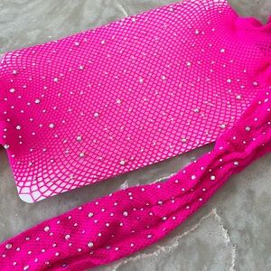 NWT hot pink stripper rhinestone fishnet Stockings bright pink sexy tights